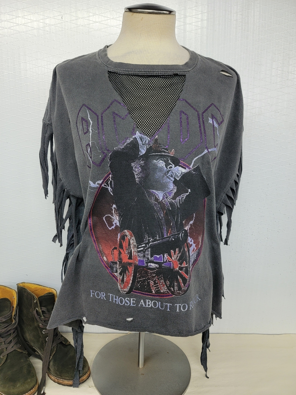 AC/DC Rock Band Fringe Tee - 'For Those About to Rock' - Upcycled Vintage